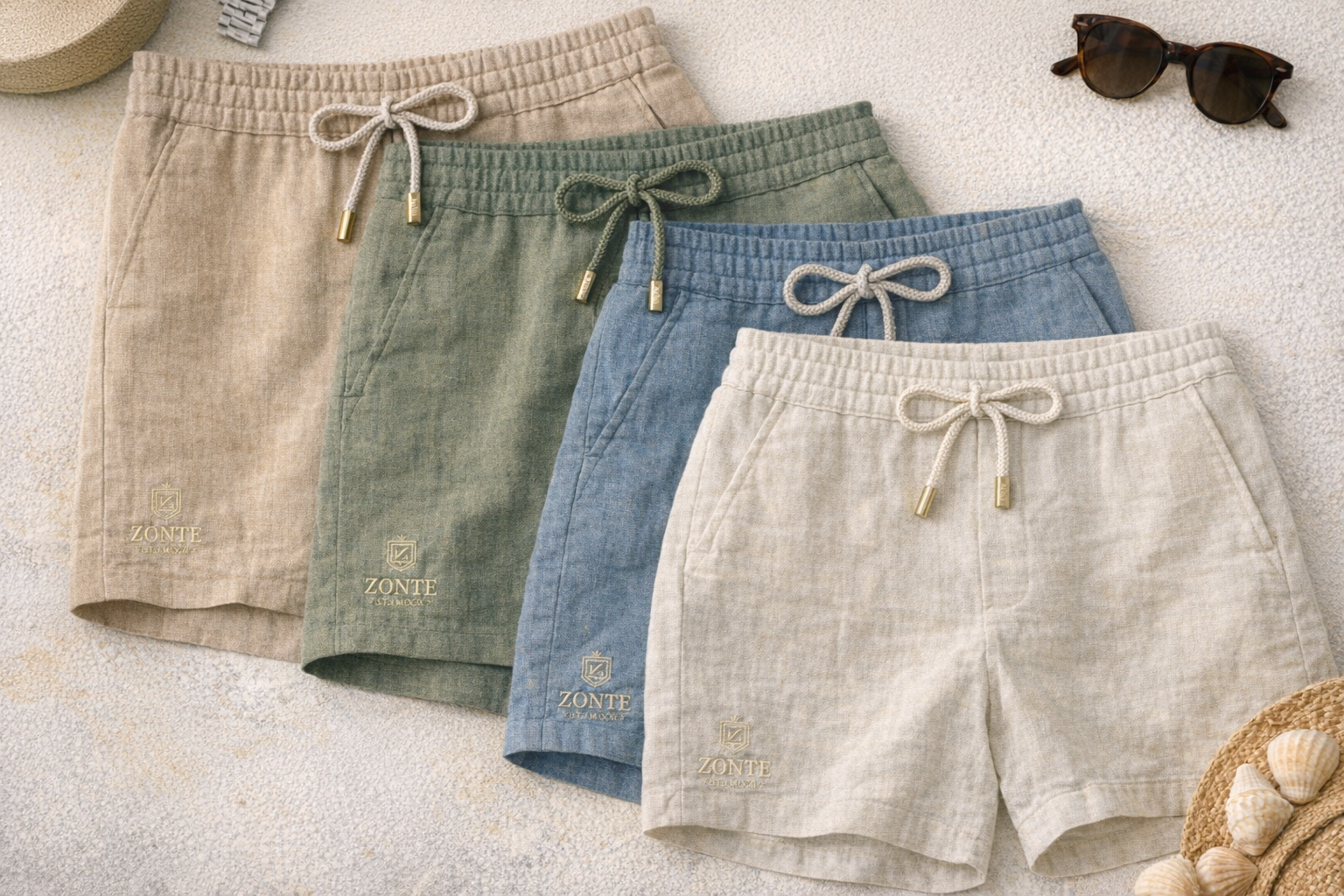 Coleção ZONTE - Shorts de linho premium nas cores Bege, Oliva, Azul e Off-White com logo bordada